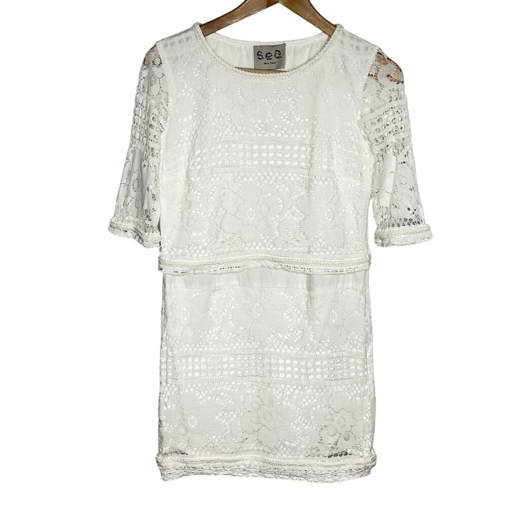 Sea New York Lace Mini Dress 0 White Floral Eyelet Bridal Short Sleeve Hole